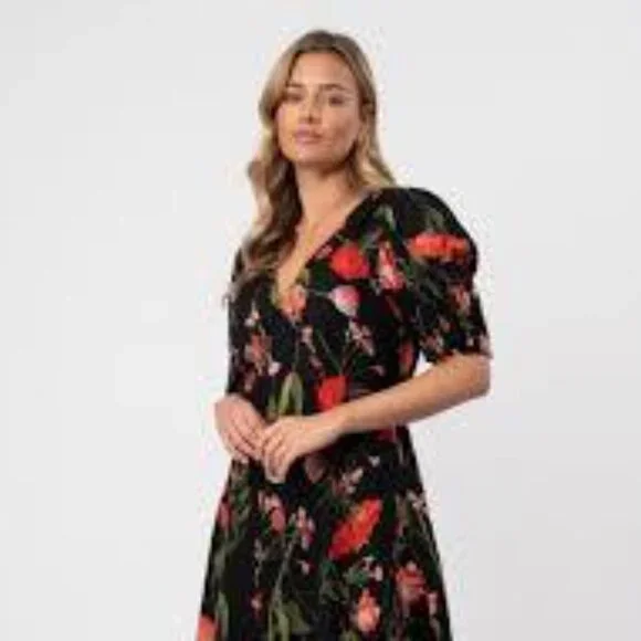 Ted Baker London | Dresses | Ted Baker London Sienno Black Red Pink Floral  Puff Sleeve Mini Dress Size 2 | Poshmark